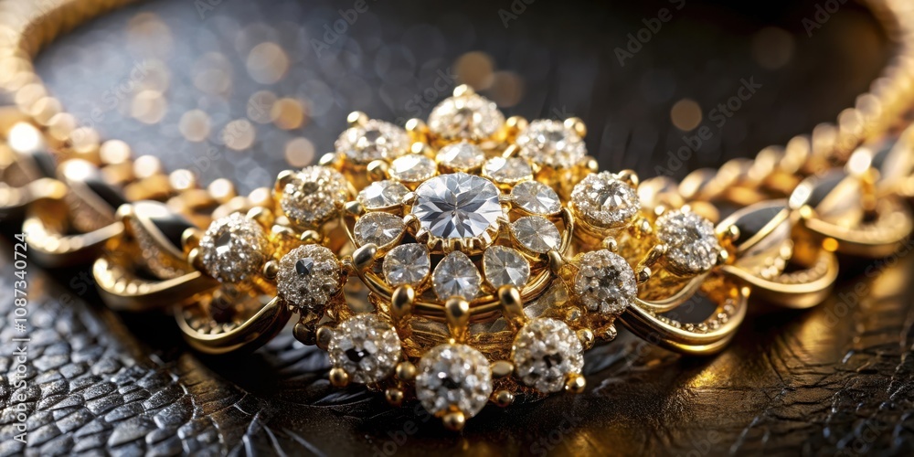 Obraz premium Closeup of a Gold Chain Necklace with a Diamond Cluster Pendant on a Textured Black Surface