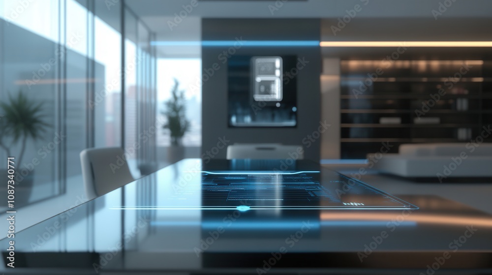 A modern, sleek interior featuring a glass table, minimalistic decor, and digital interface elements, creating a futuristic ambiance. A modern, sleek interior featuring a glass table, minimalistic decor, and digital interface elements, creating a futuristic ambiance.
