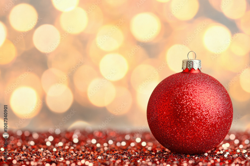 A shiny red Christmas ornament on a sparkling background of warm bokeh lights, perfect for festive decor and holiday celebration themes. A shiny red Christmas ornament on a sparkling background of warm bokeh lights, perfect for festive decor and holiday celebration themes.