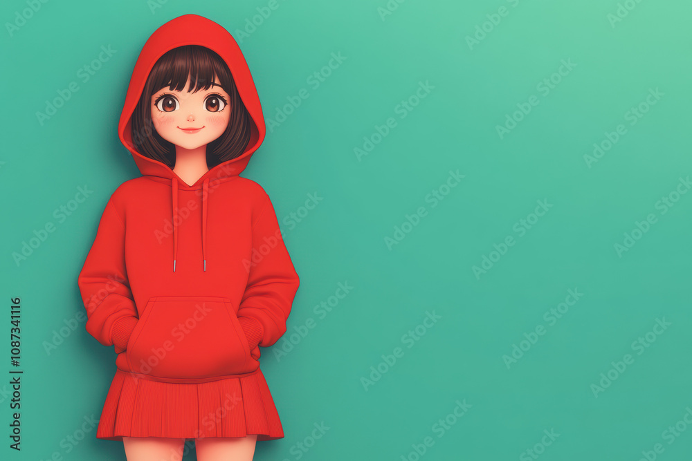 A cheerful cartoon girl in a red hoodie and skirt, standing against a solid turquoise background, perfect for creative designs and illustrations.