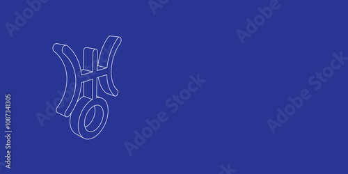 The outline of a large astrological uranus symbol made of white lines on the left. 3D view of the object in perspective. Vector illustration on indigo background