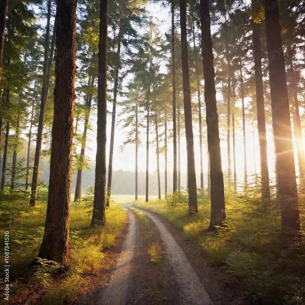 Naklejka premium A high-resolution ultrarealistic image of a serene forest scene in the dawn light. The digital artwork captures tall, slender trees with textured bark and verdant green foliage. The forest path, sligh