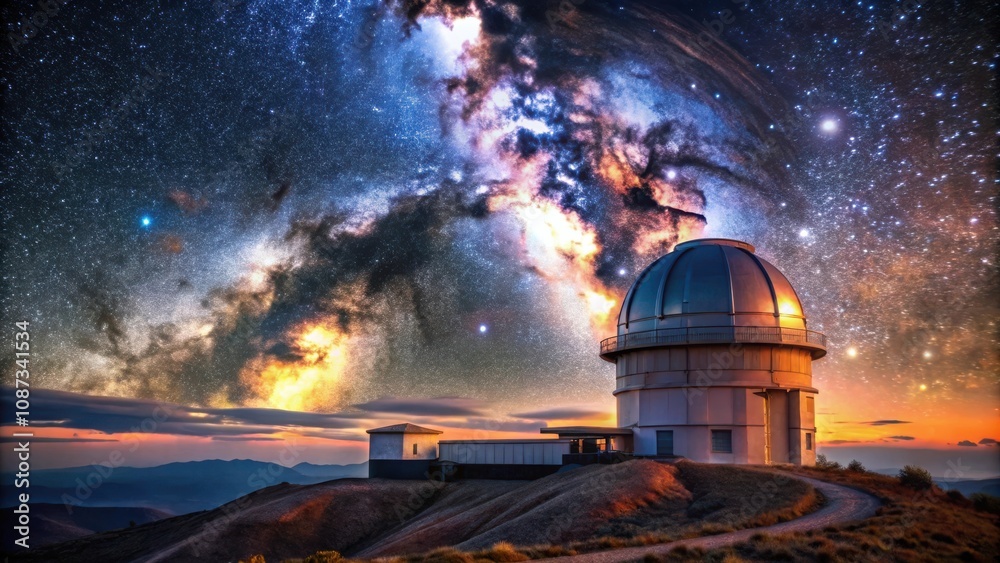 A lone observatory on a hilltop, silhouetted against the vibrant tapestry of the Milky Way galaxy, with a backdrop of distant mountains and a star-studded sky. A lone observatory on a hilltop, silhouetted against the vibrant tapestry of the Milky Way galaxy, with a backdrop of distant mountains and a star-studded sky.