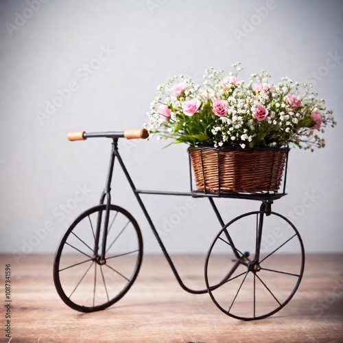 A high-resolution ultrarealistic image capturing a vintage bicycle-shaped metal plant stand adorned with delicate floral arrangements. The plant stand features elegant curves and a rustic patina, enha photo