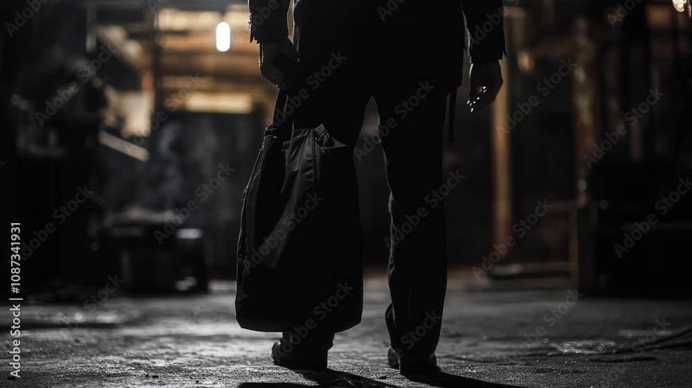Obraz premium A silhouette of a person walking in a dimly lit space, carrying a bag, evoking a sense of mystery and anticipation.