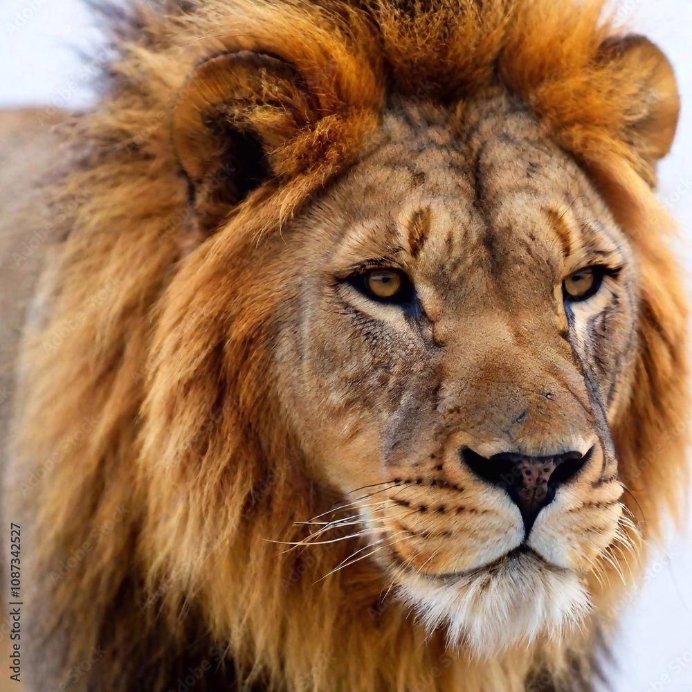 A high-resolution ultrarealistic image of a majestic lion, captured in stunning photographic detail. The lion stands gracefully on an invisible ground against a pure white background, emphasizing its A high-resolution ultrarealistic image of a majestic lion, captured in stunning photographic detail. The lion stands gracefully on an invisible ground against a pure white background, emphasizing its