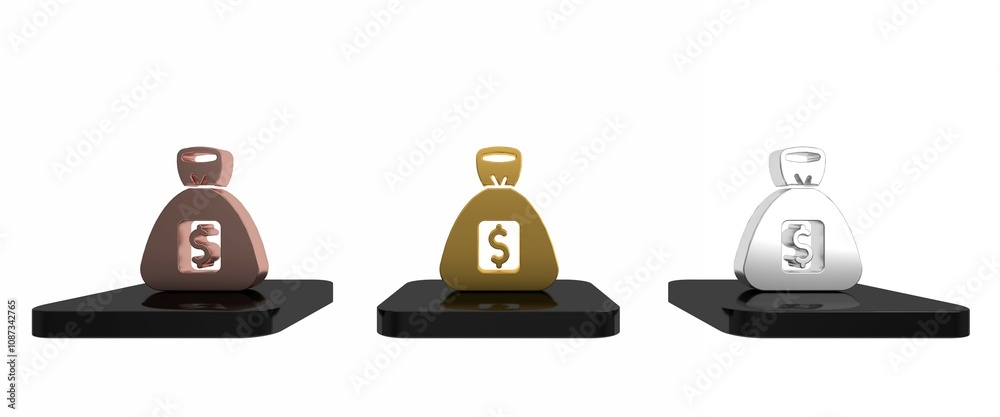 Obraz premium Colorful Money bag icon isolated on white background. Dollar or USD symbol. Cash Banking currency sign. Minimalism concept. 3D render illustration