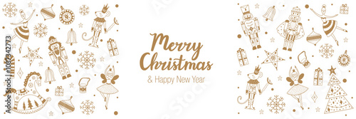  Gold Christmas decoration border with Nutcrackers . Poster. Christmas illustration. Interior poster. 
