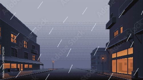 Rainy weather on suburban street road pixel art background. Vector neighborhood landscape illustration with rain and building exterior. 16-bit retro video-game style.