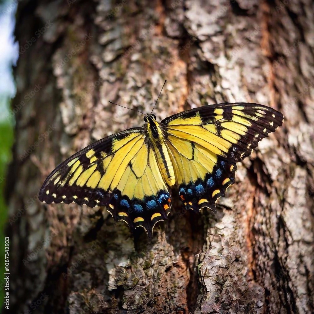 A close-up photo of a butterfly clinging to a tree bark, deep focus on the fine details of its camouflage patterns, eye-level shot providing a portrait that shows its adaptation to its natural environ A close-up photo of a butterfly clinging to a tree bark, deep focus on the fine details of its camouflage patterns, eye-level shot providing a portrait that shows its adaptation to its natural environ