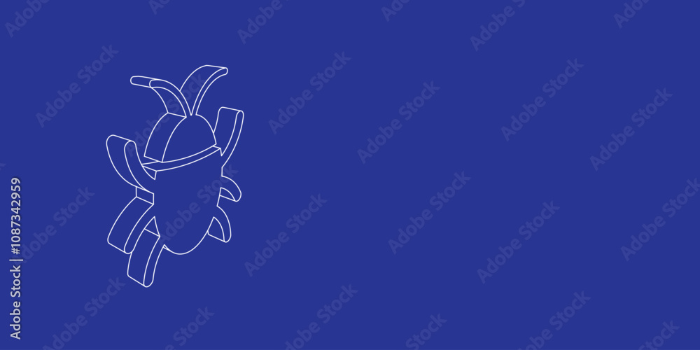 The outline of a large bug symbol made of white lines on the left. 3D view of the object in perspective. Vector illustration on indigo background The outline of a large bug symbol made of white lines on the left. 3D view of the object in perspective. Vector illustration on indigo background