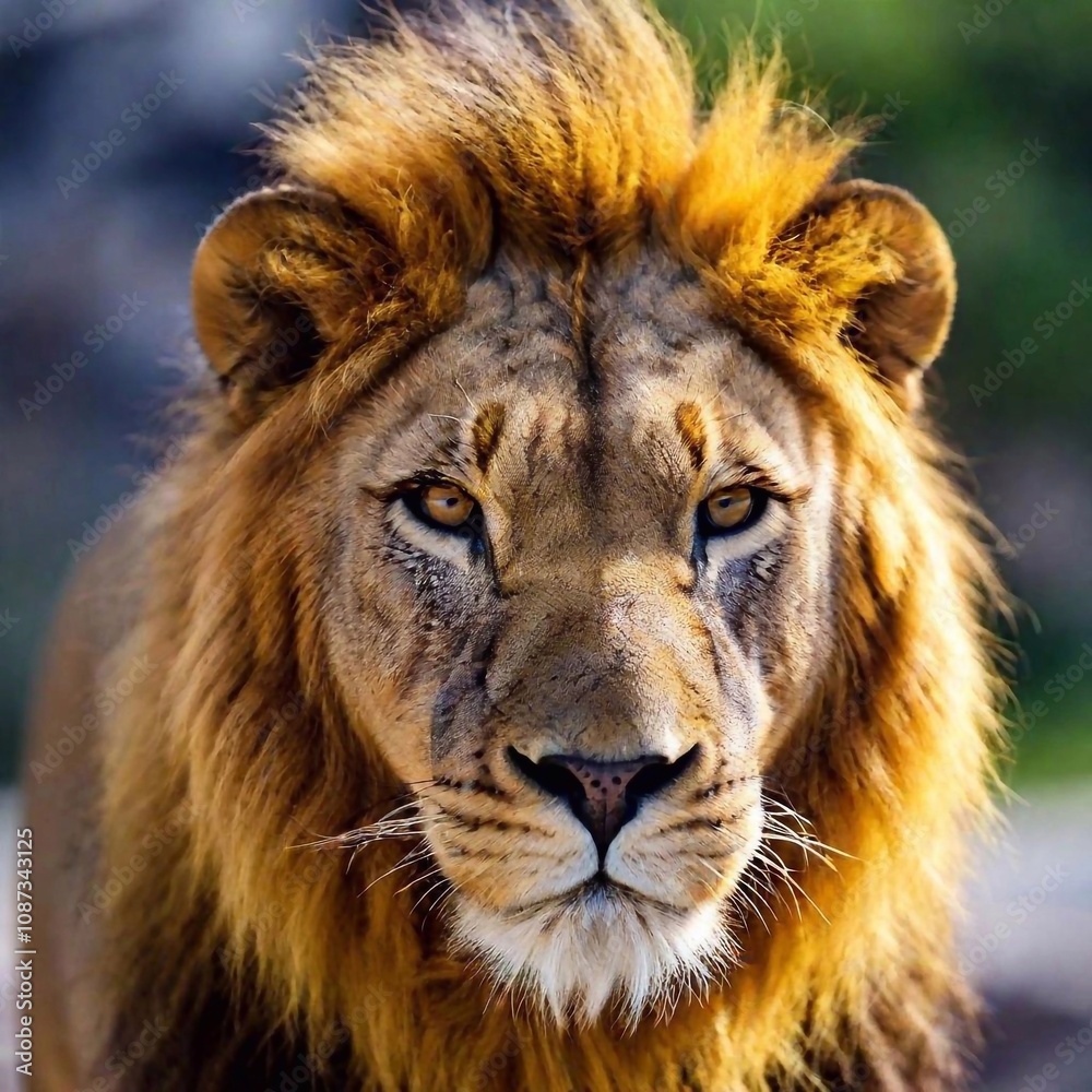 Obraz premium A close-up photo of a lion looking directly at the camera, deep focus on the symmetry of its face and the contrast between its eyes and fur, eye-level shot conveying a sense of presence and authority
