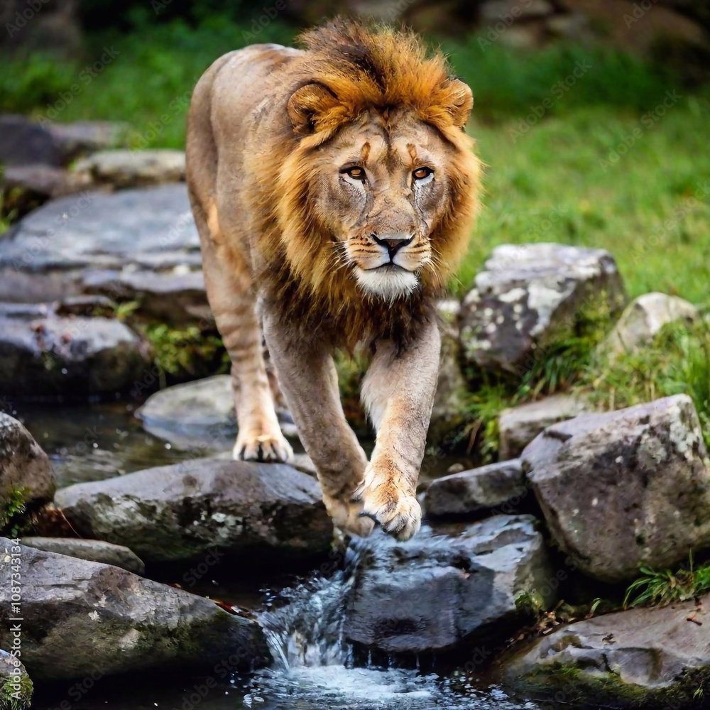 A macro photo of a lion leaping over a small stream, deep focus on the motion and musculature, high-angle shot capturing its full body mid-air, highlighting the dynamic action and strength of the lion A macro photo of a lion leaping over a small stream, deep focus on the motion and musculature, high-angle shot capturing its full body mid-air, highlighting the dynamic action and strength of the lion