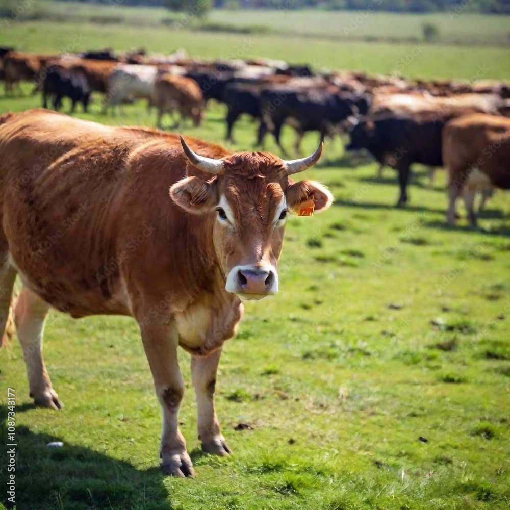 A long shot photo of a cow with a herd, rack focus from a high angle capturing the entire scene, with the focus gradually shifting to highlight the cow, creating a wider portrait of the group A long shot photo of a cow with a herd, rack focus from a high angle capturing the entire scene, with the focus gradually shifting to highlight the cow, creating a wider portrait of the group