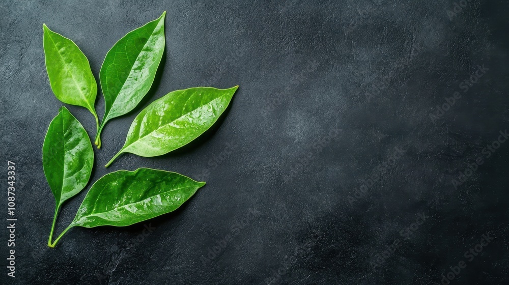 A composition of vibrant green leaves on a contrasting dark, textured backdrop, highlighting the natural beauty and vitality of fresh foliage in nature. A composition of vibrant green leaves on a contrasting dark, textured backdrop, highlighting the natural beauty and vitality of fresh foliage in nature.