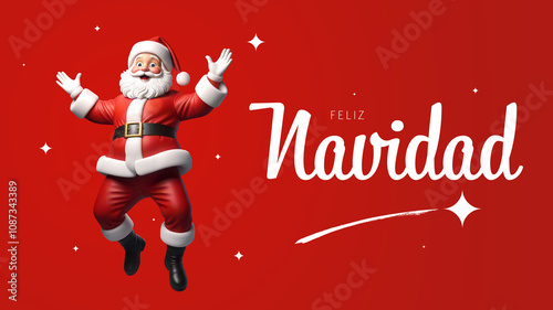 Feliz Navidad, Spanish Merry Christmas background with an happy Santa Claus on a red Background