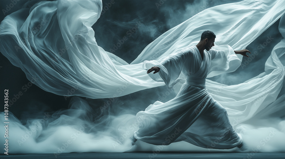 Male dancer gracefully performs with flowing fabric during an artistic display in a dramatic mist-filled atmosphere Male dancer gracefully performs with flowing fabric during an artistic display in a dramatic mist-filled atmosphere