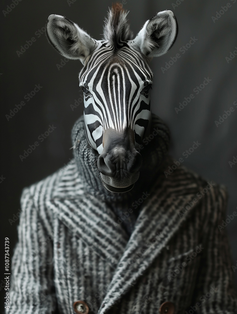 Fototapeta premium Zebra in stylish coat against dark backdrop for unique fashion concept