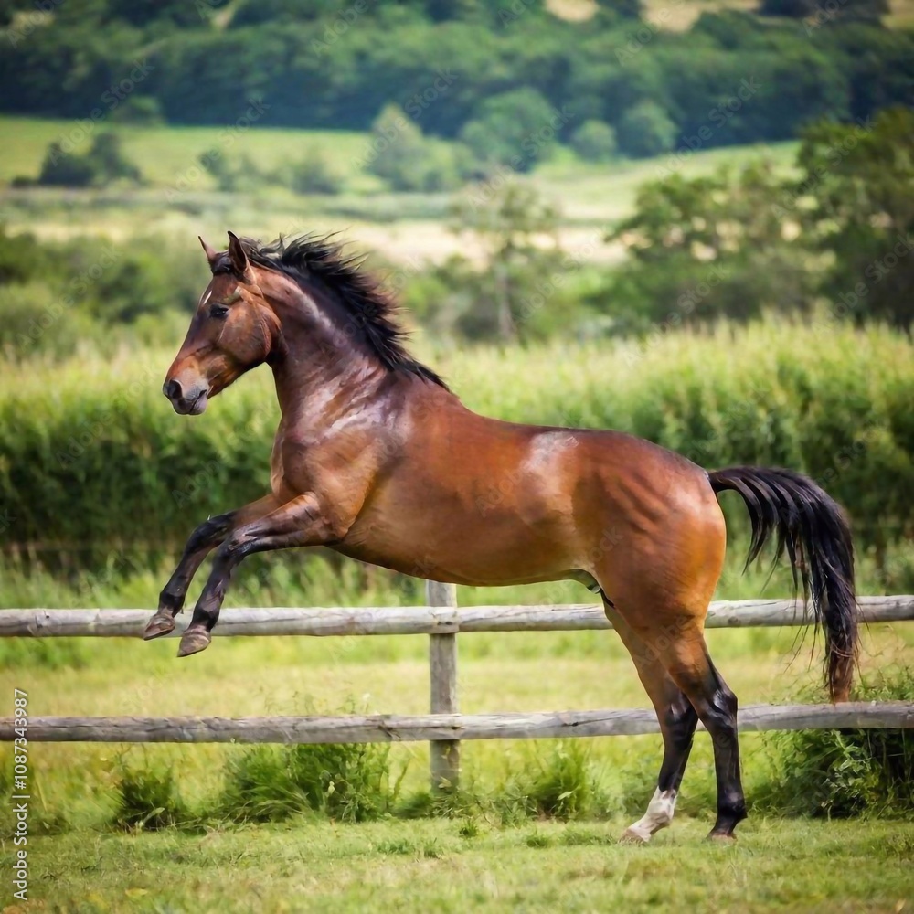A full shot photo of a horse jumping over a wooden fence, soft focus creating a blurred background of grass and wildflowers, high angle shot showing the full body of the horse mid-jump, its muscles te A full shot photo of a horse jumping over a wooden fence, soft focus creating a blurred background of grass and wildflowers, high angle shot showing the full body of the horse mid-jump, its muscles te