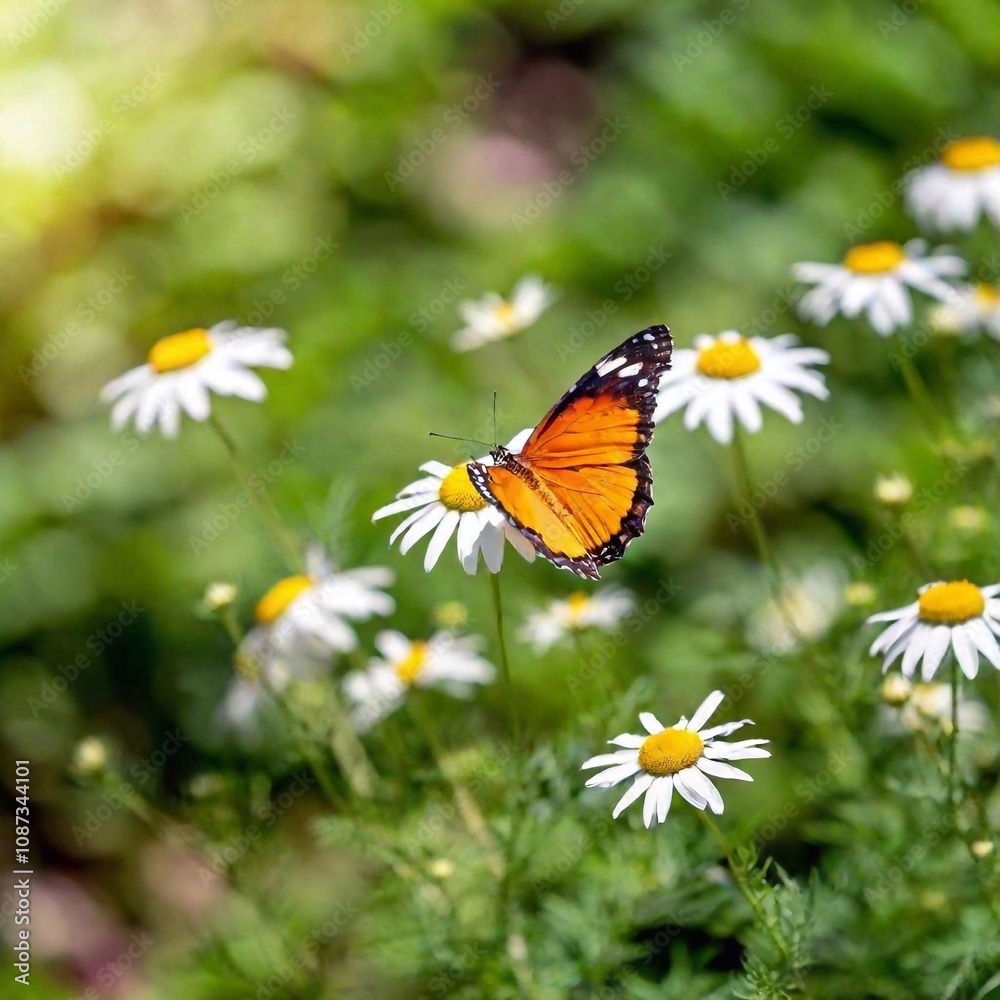 A full shot photo of a butterfly hovering above a patch of daisies, soft focus blending the background into a colorful bokeh, high angle shot capturing the full body of the butterfly in flight, wings A full shot photo of a butterfly hovering above a patch of daisies, soft focus blending the background into a colorful bokeh, high angle shot capturing the full body of the butterfly in flight, wings