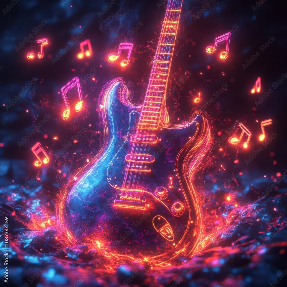 Fototapeta premium Neon music notes flowing from electric guitar, dark background, vibrant rock music concept