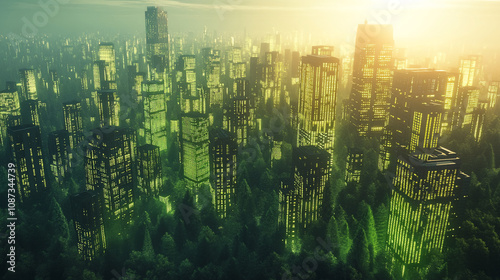 A sprawling metropolis, seamlessly integrated into a dense forest, is illuminated by the warm light of the setting sun