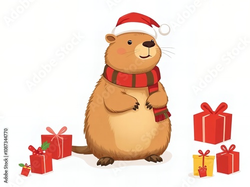 cartoon beaver with a scarf and a hat standing next to presents.