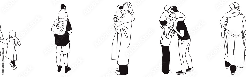 Hand-drawn doodle family border. Outline family clipart. Hand-drawn black art. Hand-drawn doodle family border. Outline family clipart. Hand-drawn black art.