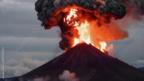 A volcano erupts violently, spewing ash that quickly blankets the entire scene