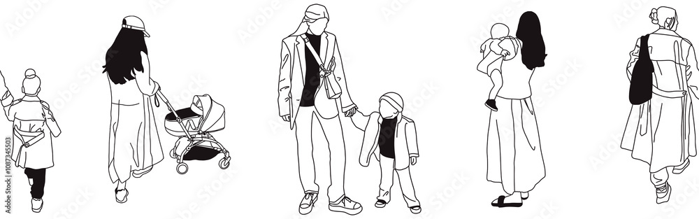 Hand-drawn doodle family border. Outline family clipart. Hand-drawn black art. Hand-drawn doodle family border. Outline family clipart. Hand-drawn black art.