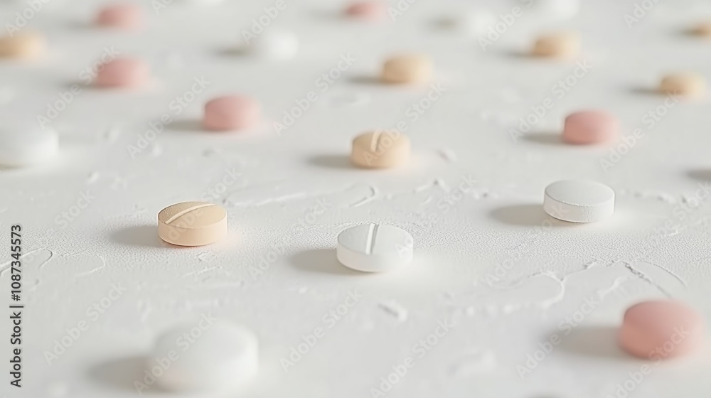 Close-up of round white tablets and colorful capsules scattered on a smooth white background, with soft natural lighting highlighting the textures and vibrant colors for a clean Close-up of round white tablets and colorful capsules scattered on a smooth white background, with soft natural lighting highlighting the textures and vibrant colors for a clean