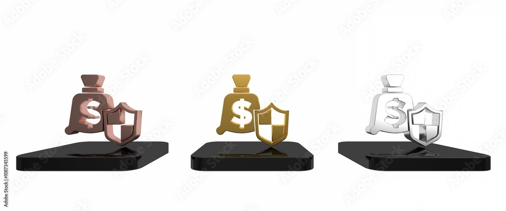 Colorful Money with shield icon isolated on white background. Insurance concept. Security, safety, protection, protect concept. Minimalism concept. 3D render illustration Colorful Money with shield icon isolated on white background. Insurance concept. Security, safety, protection, protect concept. Minimalism concept. 3D render illustration
