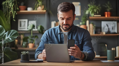 Man Working on Laptop and Checking Phone in a Cozy Home Office Setting