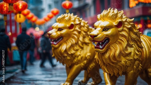 Chinese yellow lions in a street at Chinese new year photo