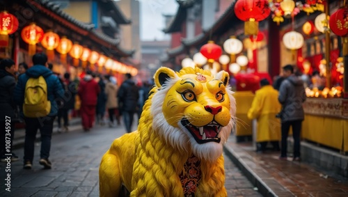 Chinese yellow lions in a street at chinese new year photo