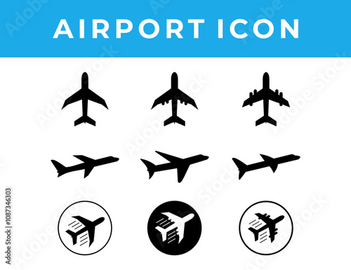 Plane icon set vector, Airport black color vector icon collections