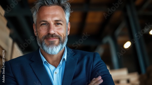 A distinguished man with a gray beard smiles confidently, wearing a blue suit in an industrial setting, embodying professionalism and charisma.