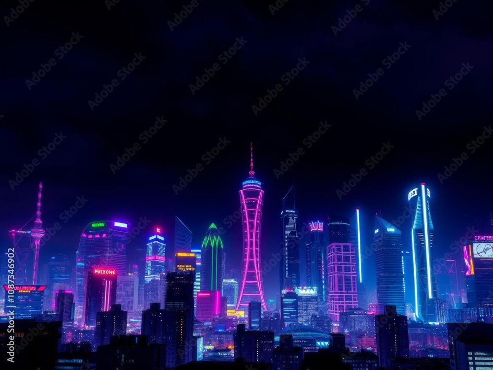 Obraz premium Futuristic cyberpunk cityscape at night with vibrant purple and cyan neon lights, towering superstructures, and sleek architecture, urban, neon lights, skyline