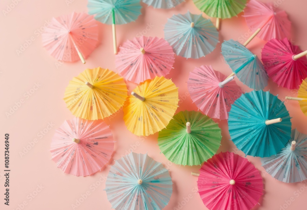 Scattered colorful paper parasols on light pink background Scattered colorful paper parasols on light pink background