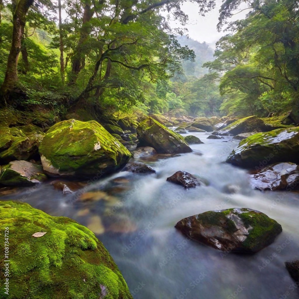 Obraz premium a tranquil river scene flowing through a lush, green valley. Include overhanging trees, rocky riverbanks, and distant hills with a misty, ethereal quality to evoke a sense of peace and natural beauty.