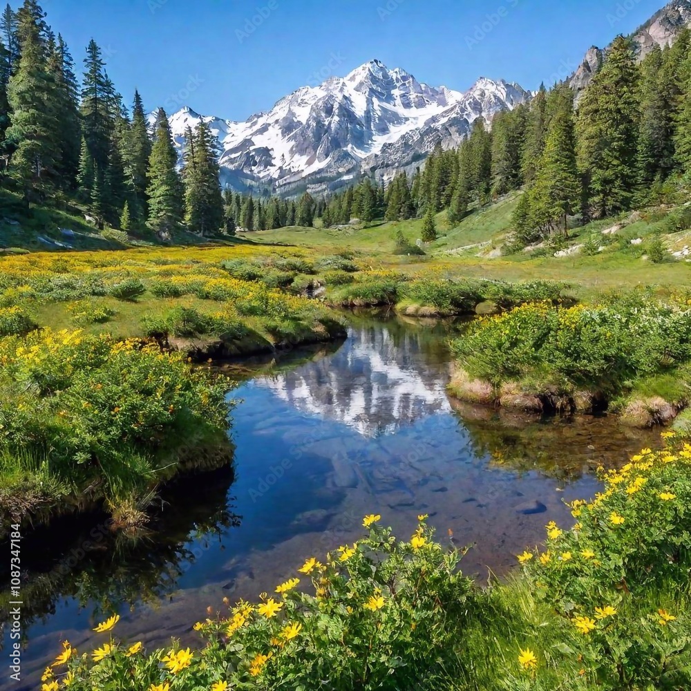 Naklejka premium a serene landscape of a secluded mountain meadow in full bloom. Show vibrant wildflowers, a gentle stream flowing through the grass, and towering snow-capped peaks in the background under a clear blue