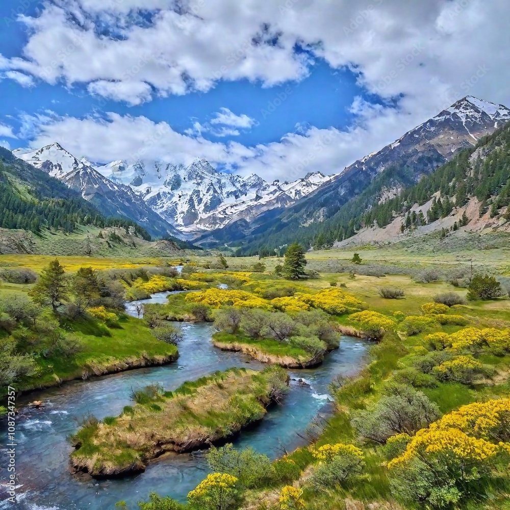 a breathtaking panoramic view of a lush valley surrounded by towering mountain ranges. Include vibrant wildflowers, a winding river, and a clear blue sky with a few fluffy clouds for a serene and pict a breathtaking panoramic view of a lush valley surrounded by towering mountain ranges. Include vibrant wildflowers, a winding river, and a clear blue sky with a few fluffy clouds for a serene and pict