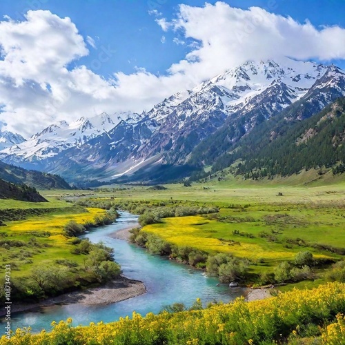 a breathtaking panoramic view of a lush valley surrounded by towering mountain ranges. Include vibrant wildflowers, a winding river, and a clear blue sky with a few fluffy clouds for a serene and pict