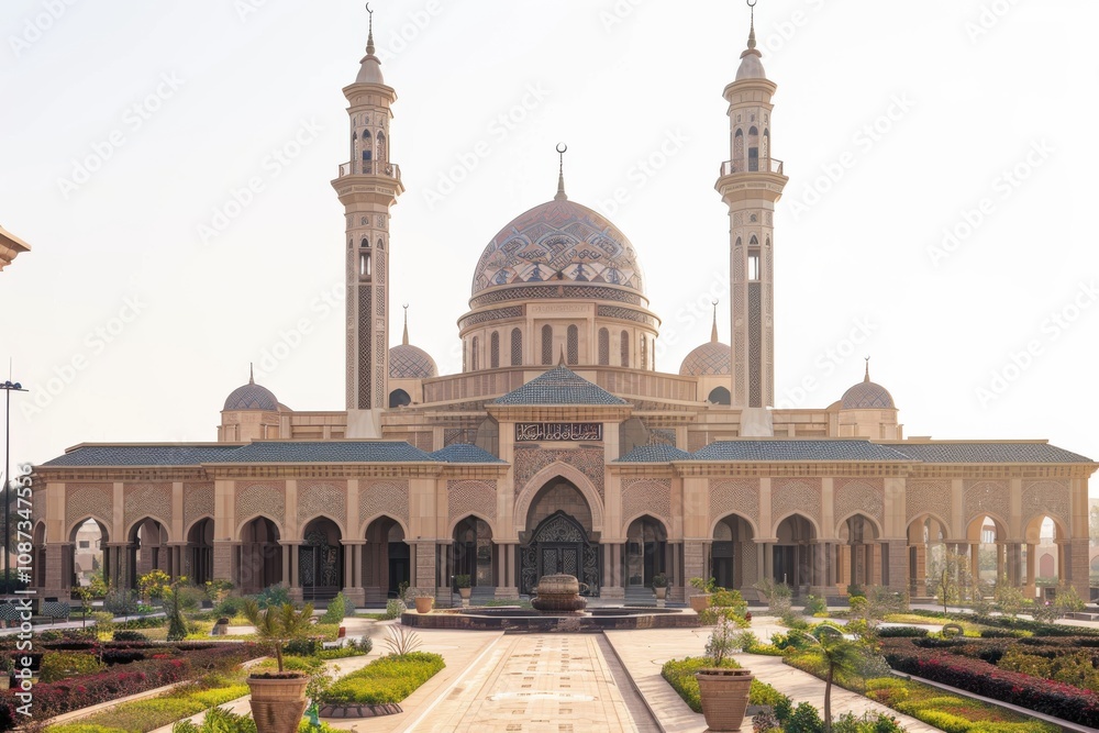 Fototapeta premium Mosque Architecture Showcases Domes, Minarets, and Gardens Beautifully