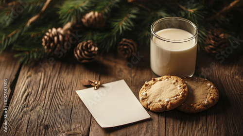 Wooden table with freshly baked Christmas cookies, a glass of milk and a message for Santa.