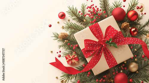 Gift boxes with red bows are arranged around them. There are Christmas decorations.