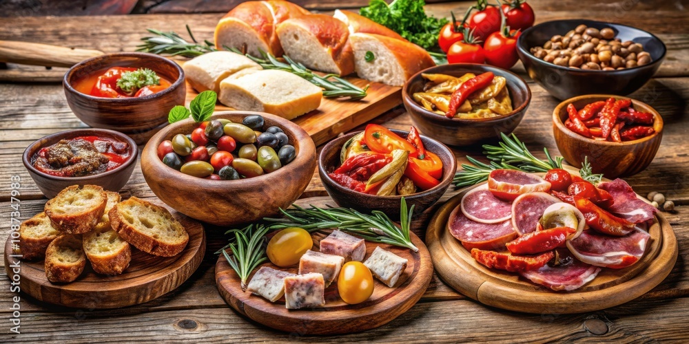 A rustic wooden table setting with a variety of appetizers, featuring olives, cured meats, peppers, and bread