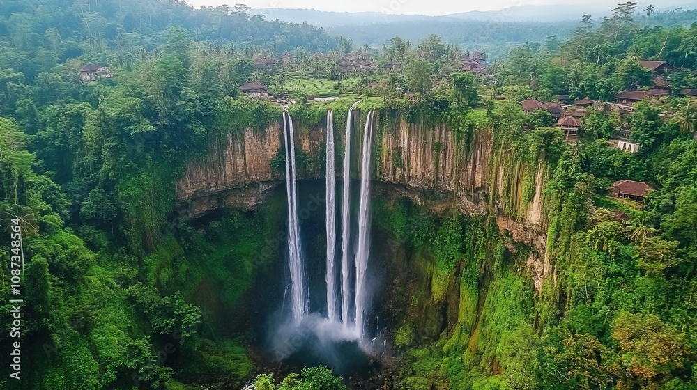 Fototapeta premium Air terjun adalah fitur alami di mana air mengalir di atas tetesan vertikal atau serangkaian tetesan