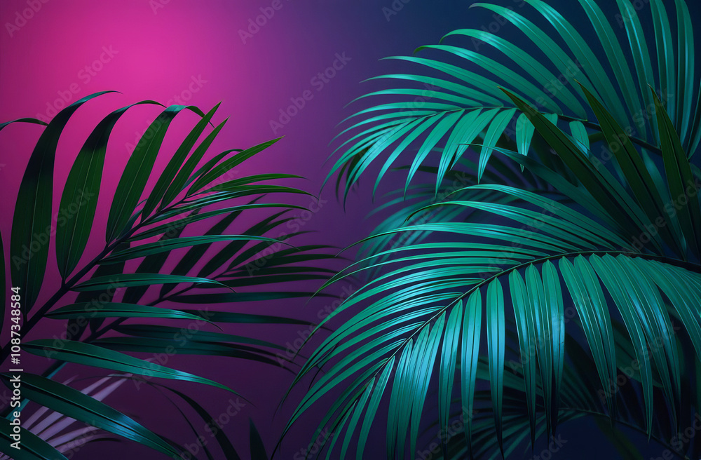 Palm leaves on neon background Palm leaves on neon background