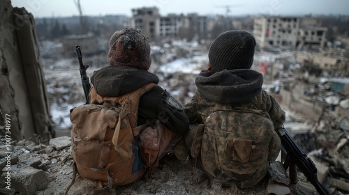 Two children with backpacks and weapons sit atop a destroyed building, gazing over a desolate urban landscape, an unsettling view of surviving amidst chaos.